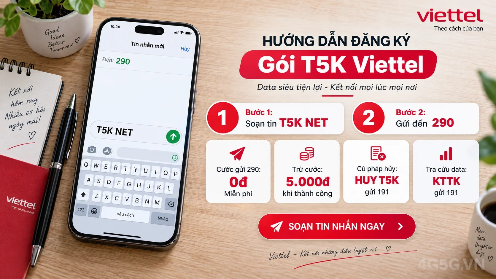 Cách đăng ký gói cước T5K Viettel soạn tin nhắn T5K NET gửi 290