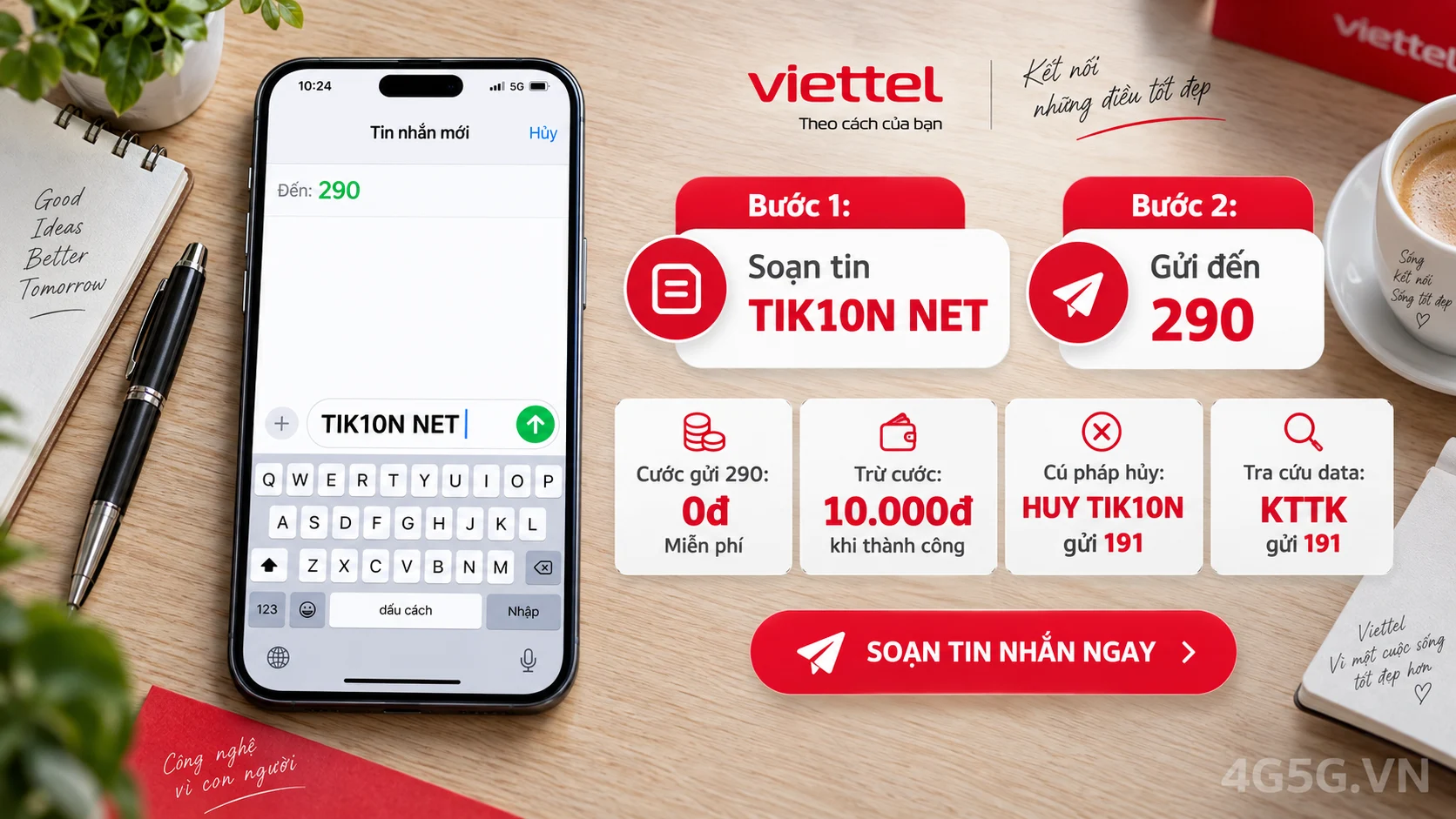 Cách đăng ký gói cước TIK10N Viettel soạn tin nhắn TIK10N NET gửi 290