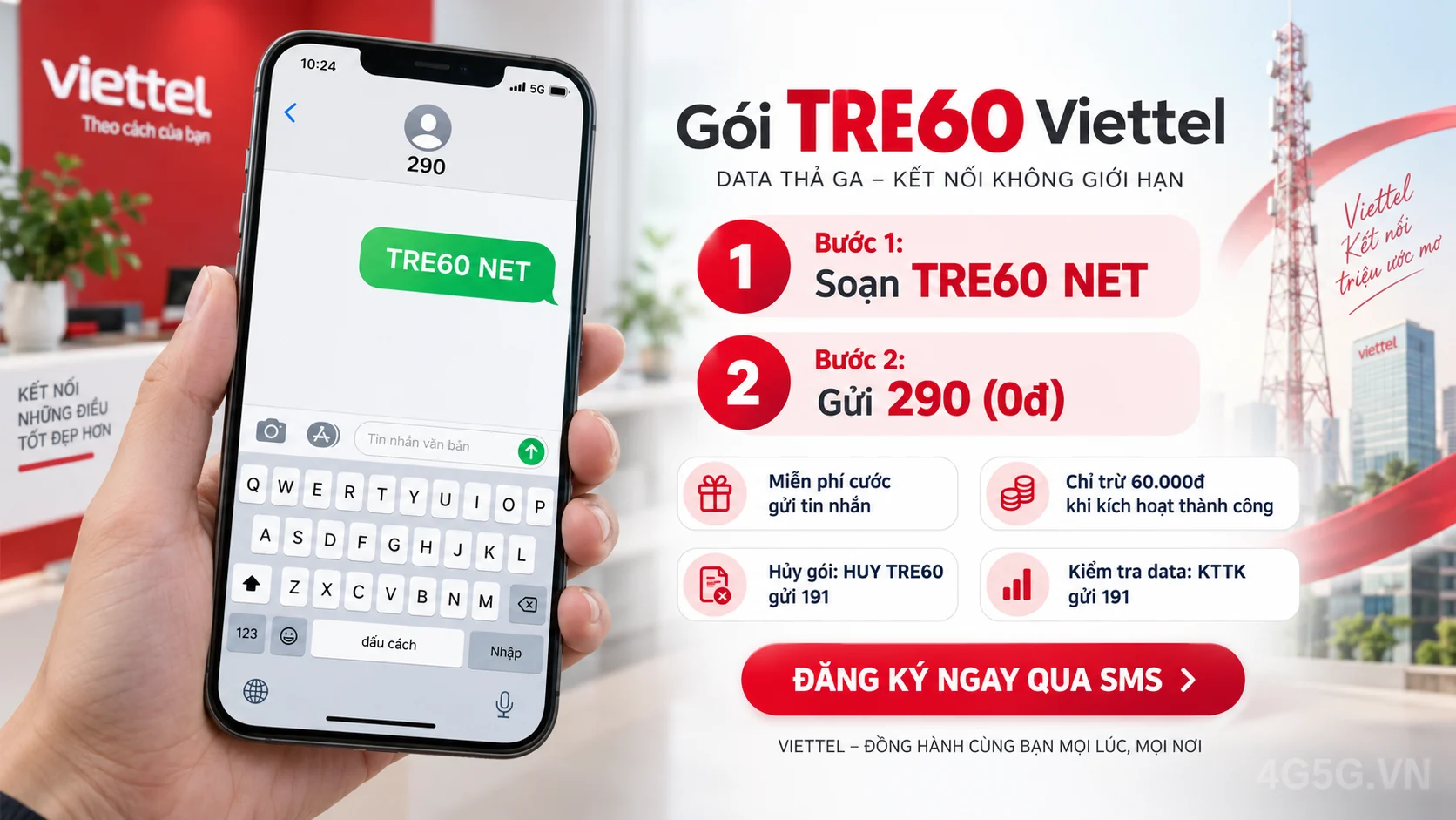 Cách đăng ký gói cước TRE60 Viettel soạn tin nhắn TRE60 NET gửi 290