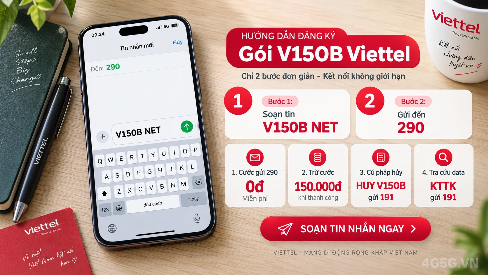 Cách đăng ký gói cước V150B Viettel soạn tin nhắn V150B NET gửi 290