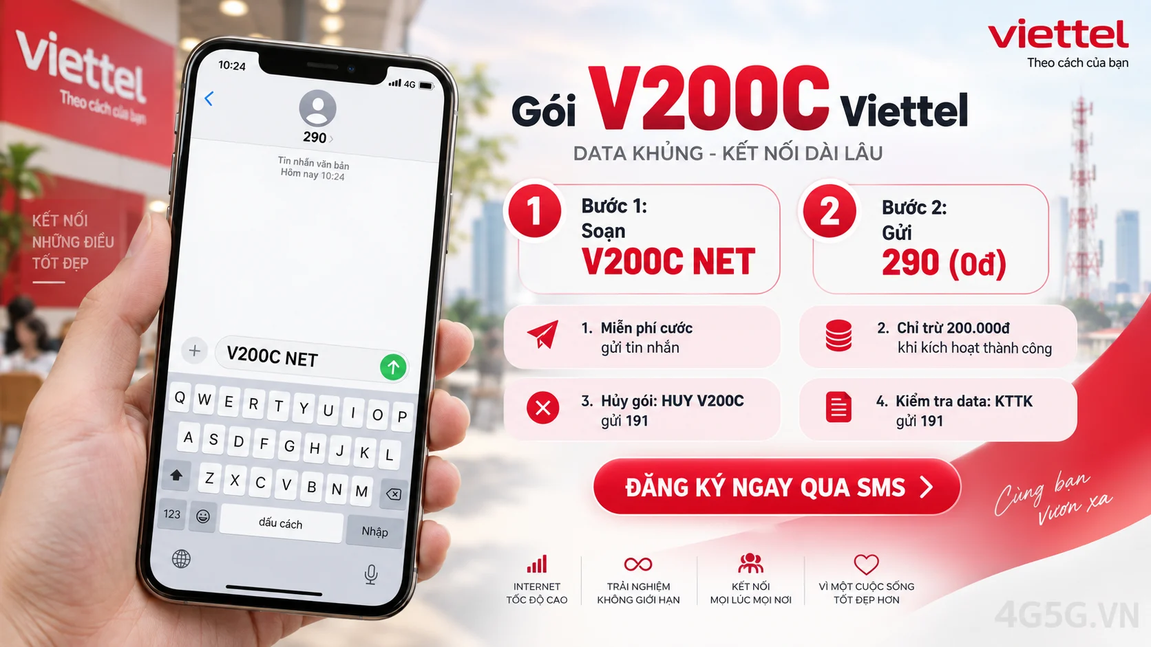 Cách đăng ký gói cước V200C Viettel soạn tin nhắn V200C NET gửi 290