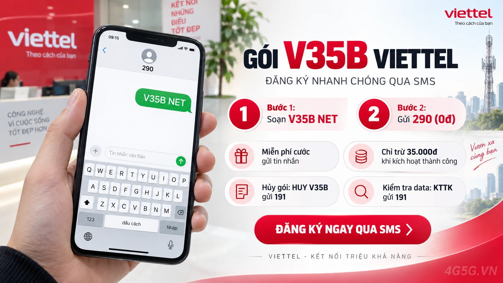 Cách đăng ký gói cước V35B Viettel soạn tin nhắn V35B NET gửi 290