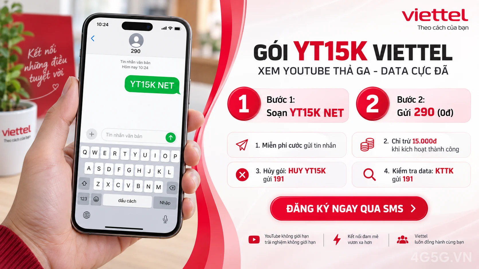 Cách đăng ký gói cước YT15K Viettel soạn tin nhắn YT15K NET gửi 290