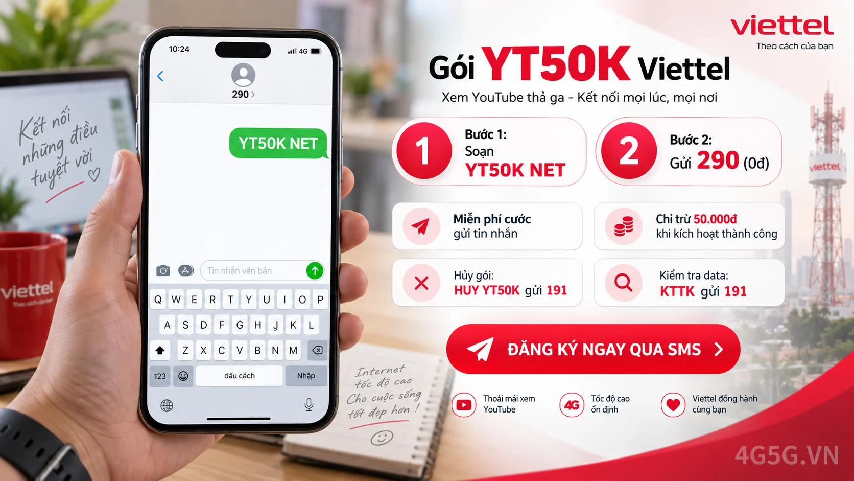 Cách đăng ký gói cước YT50K Viettel soạn tin nhắn YT50K NET gửi 290