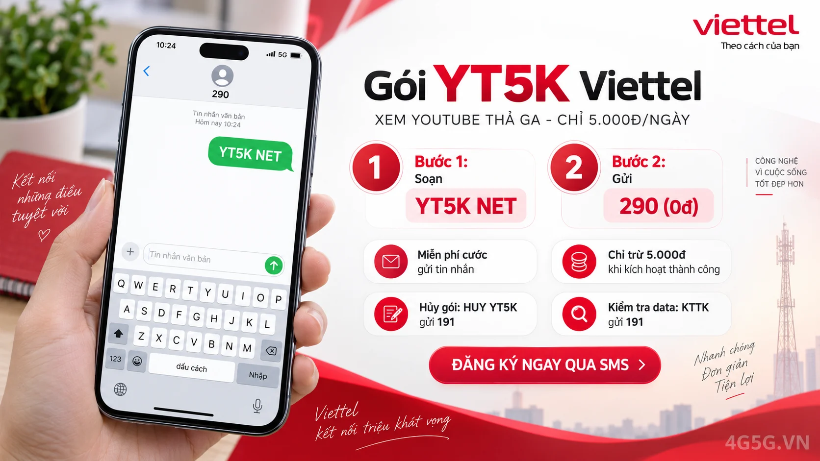 Cách đăng ký gói cước YT5K Viettel soạn tin nhắn YT5K NET gửi 290