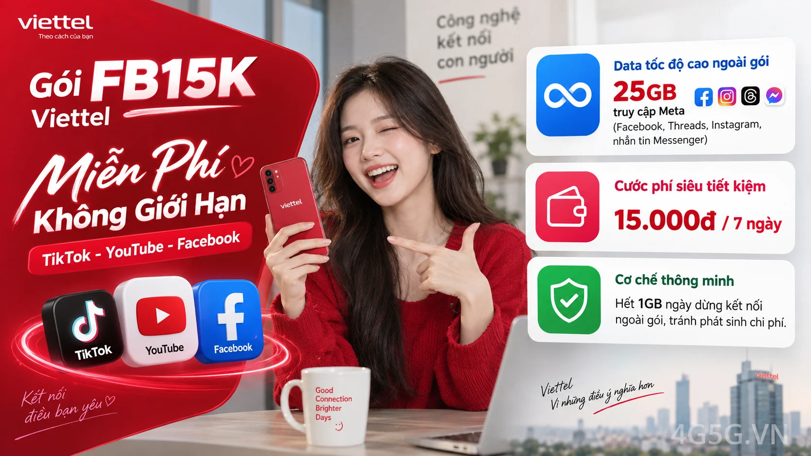 Ưu đãi nổi bật gói cước FB15K Viettel miễn phí data mạng xã hội