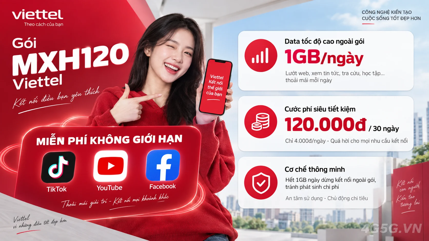 Ưu đãi nổi bật gói cước MXH120 Viettel miễn phí data mạng xã hội