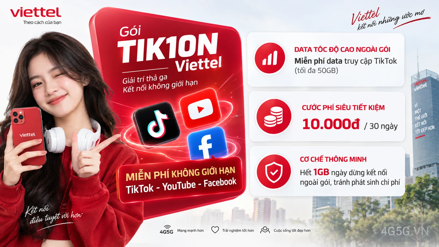 Ưu đãi nổi bật gói cước TIK10N Viettel miễn phí data mạng xã hội