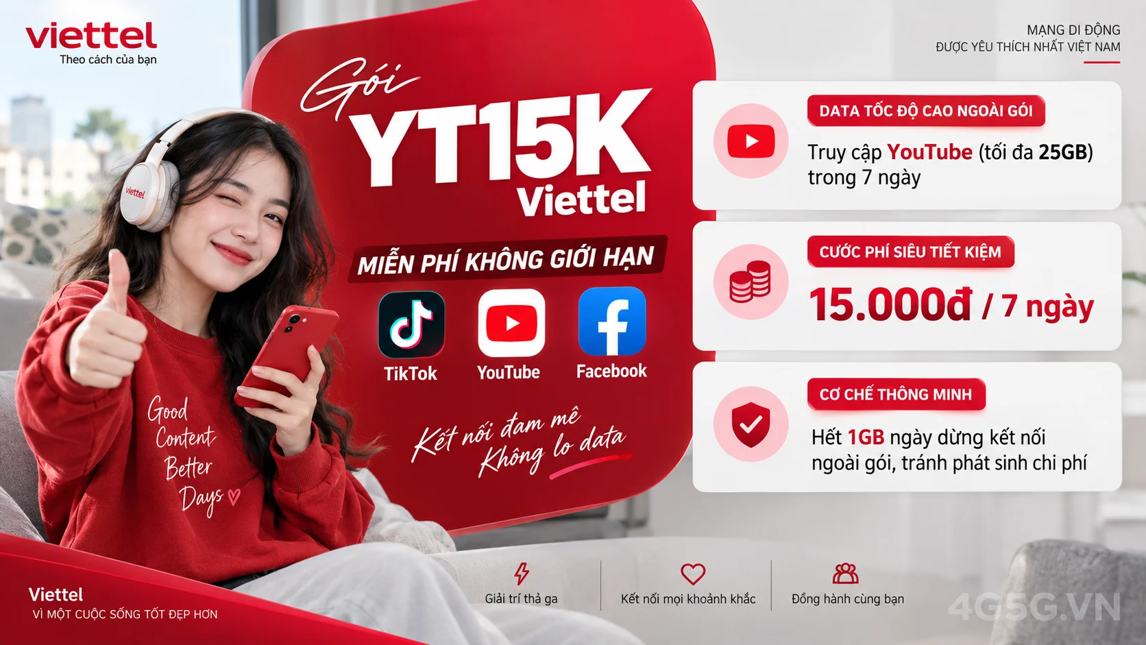 Ưu đãi nổi bật gói cước YT15K Viettel miễn phí data mạng xã hội