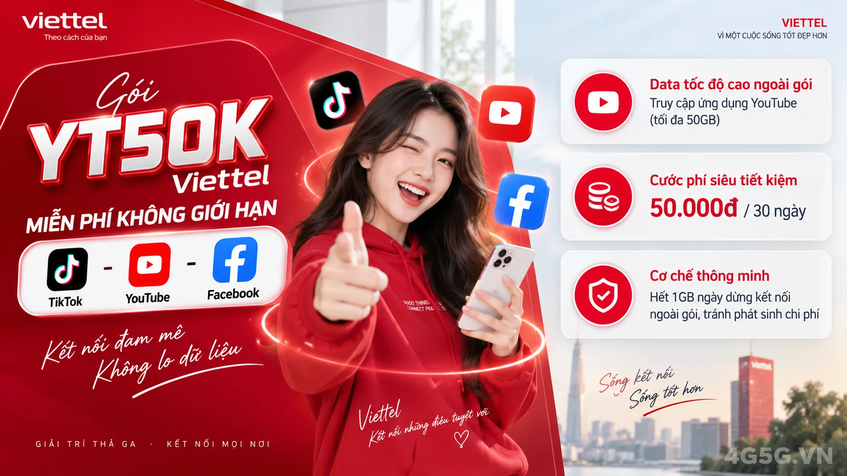 Ưu đãi nổi bật gói cước YT50K Viettel miễn phí data mạng xã hội
