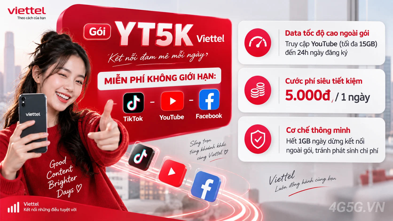 Ưu đãi nổi bật gói cước YT5K Viettel miễn phí data mạng xã hội