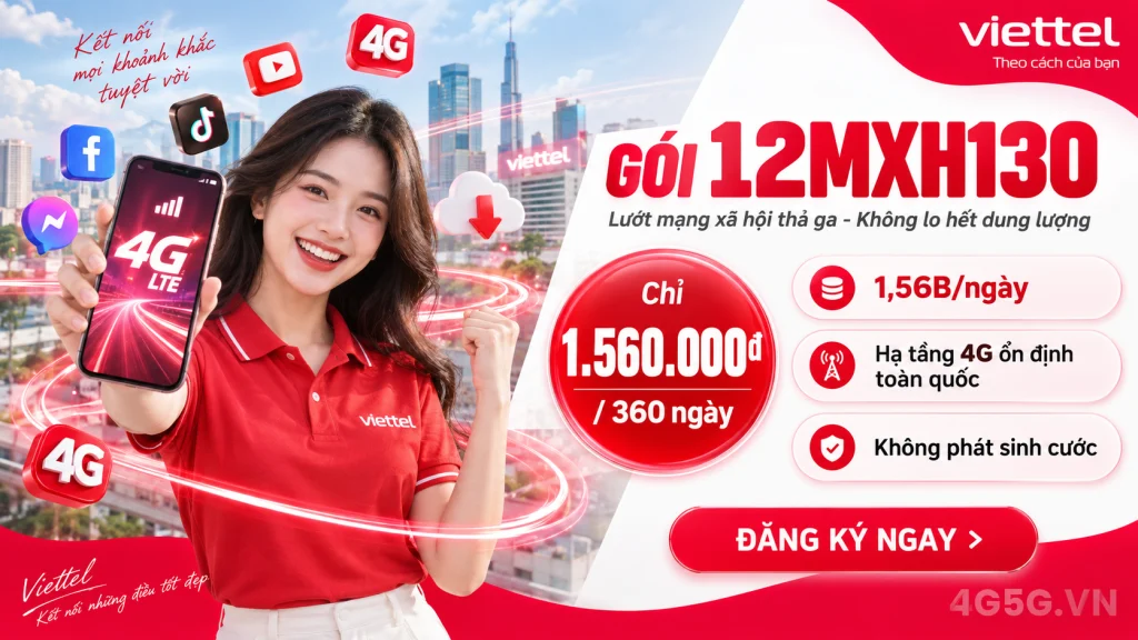Ảnh đại diện gói cước Gói 12MXH130 Viettel – Free TikTok YouTube Meta trong 360 ngày (540GB) giá 1.560.000đ