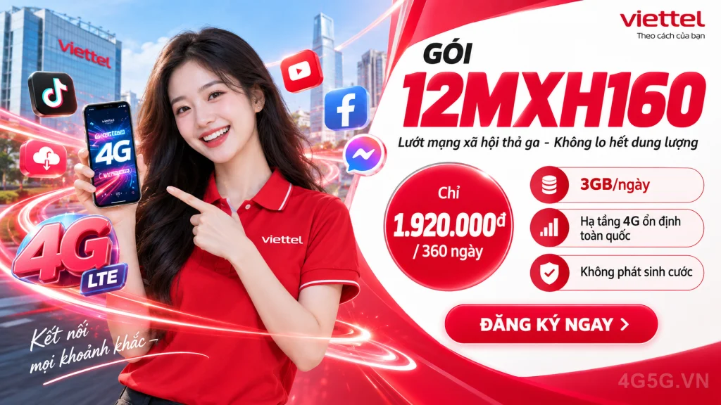 Ảnh đại diện gói cước Gói 12MXH160 Viettel – Free TikTok YouTube Meta trong 360 ngày (1.080GB) giá 1.920.000đ