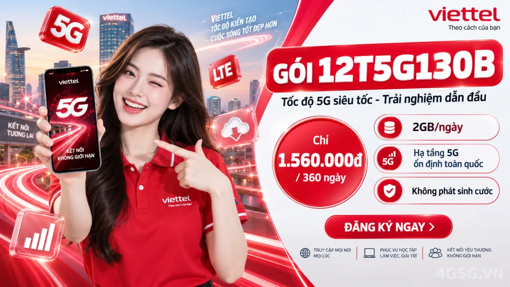 Ảnh đại diện gói cước Gói 12T5G130B Viettel – 2GB/ngày trong 360 ngày (720GB) kèm phút gọi giá 1.560.000đ