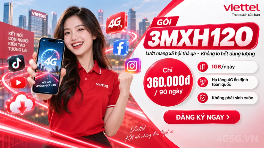 Ảnh đại diện gói cước Gói 3MXH120 Viettel – mạng xã hội và ưu đãi gọi 90 ngày, giá 360.000đ