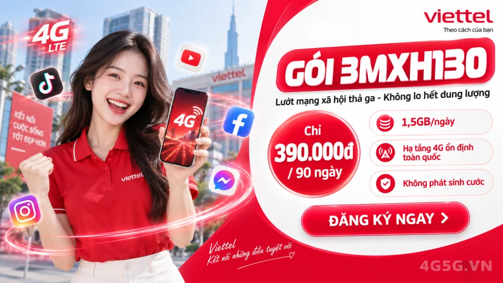 Ảnh đại diện gói cước Gói 3MXH130 Viettel – Free TikTok YouTube Meta trong 90 ngày (135GB) giá 390.000đ