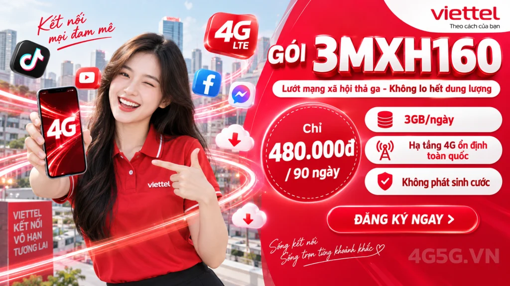 Ảnh đại diện gói cước Gói 3MXH160 Viettel – Free TikTok YouTube Meta trong 90 ngày (270GB) giá 480.000đ