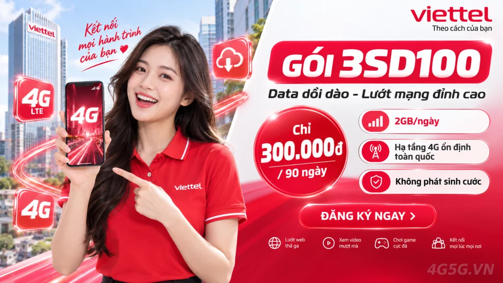 Ảnh đại diện gói cước Gói 3SD100 Viettel – 2GB/ngày trong 90 ngày (180GB) giá 300.000đ