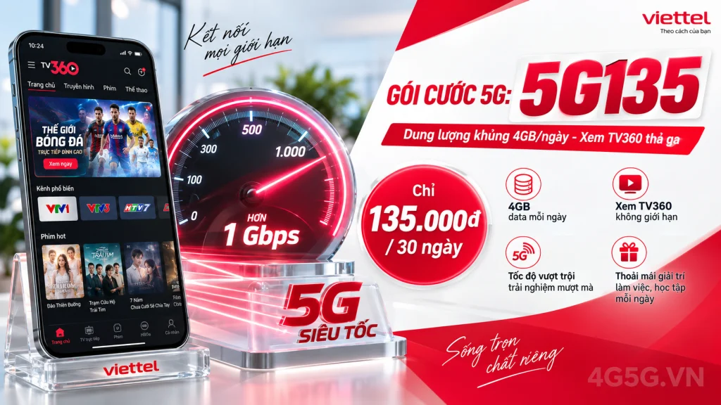 Ảnh đại diện gói cước Gói 5G135 Viettel – 4GB/ngày (120GB) kèm TV360 giá 135.000đ, mọi thuê bao