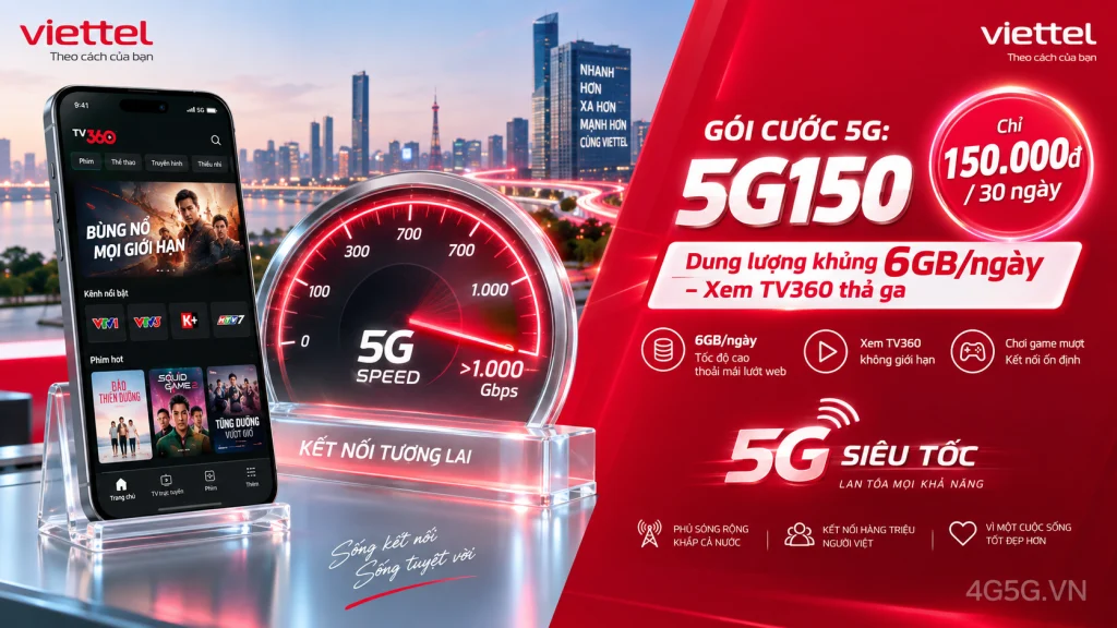 Ảnh đại diện gói cước Gói 5G150 Viettel – 6GB/ngày (180GB) kèm TV360 Basic giá 150.000đ