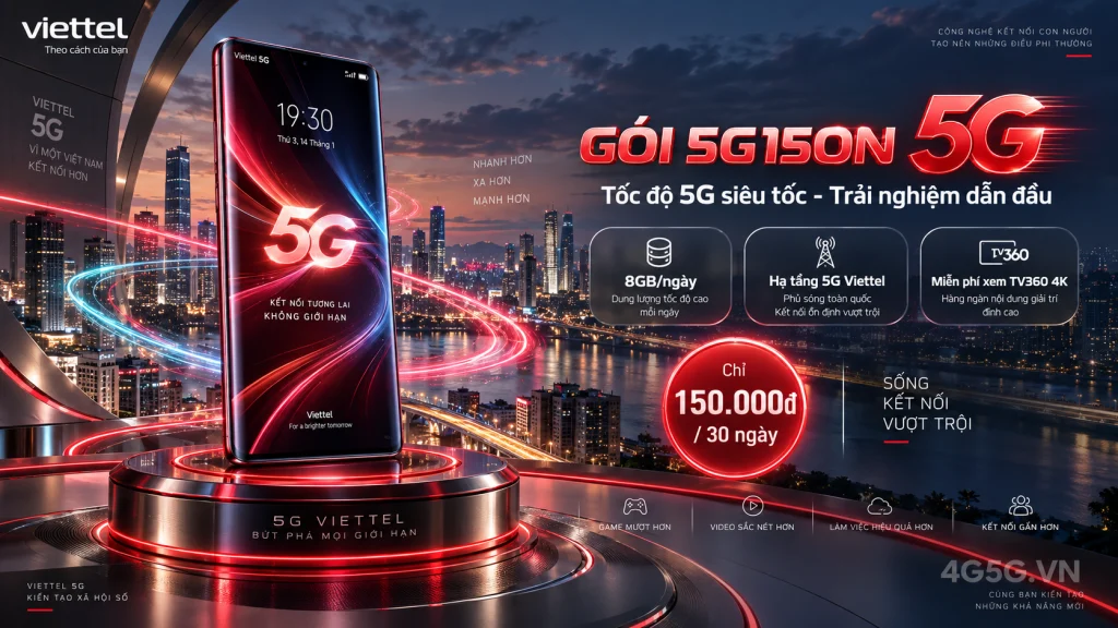 Ảnh đại diện gói cước Gói 5G150N Viettel – 8GB/ngày (240GB) kèm TV360 hạng 4K, giá 150.000đ