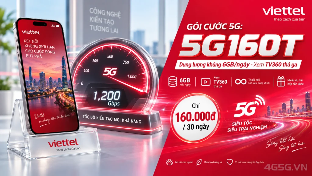 Ảnh đại diện gói cước Gói 5G160T Viettel – 6GB/ngày + gọi + TV360 giá 160.000đ, 13 tỉnh miền Tây