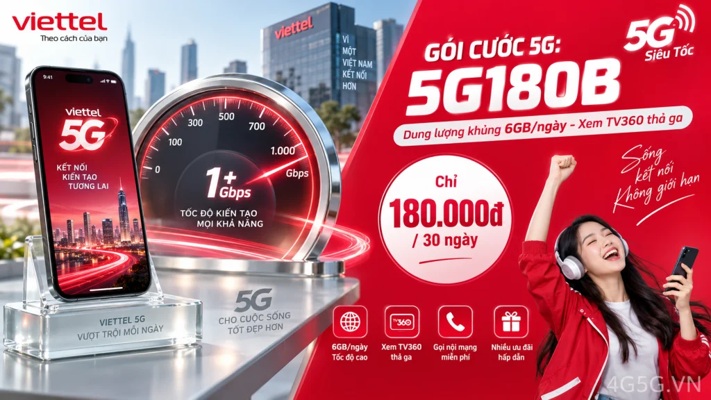 Ảnh đại diện gói cước Gói 5G180B Viettel – 6GB/ngày (180GB) kèm phút gọi và TV360 giá 180.000đ