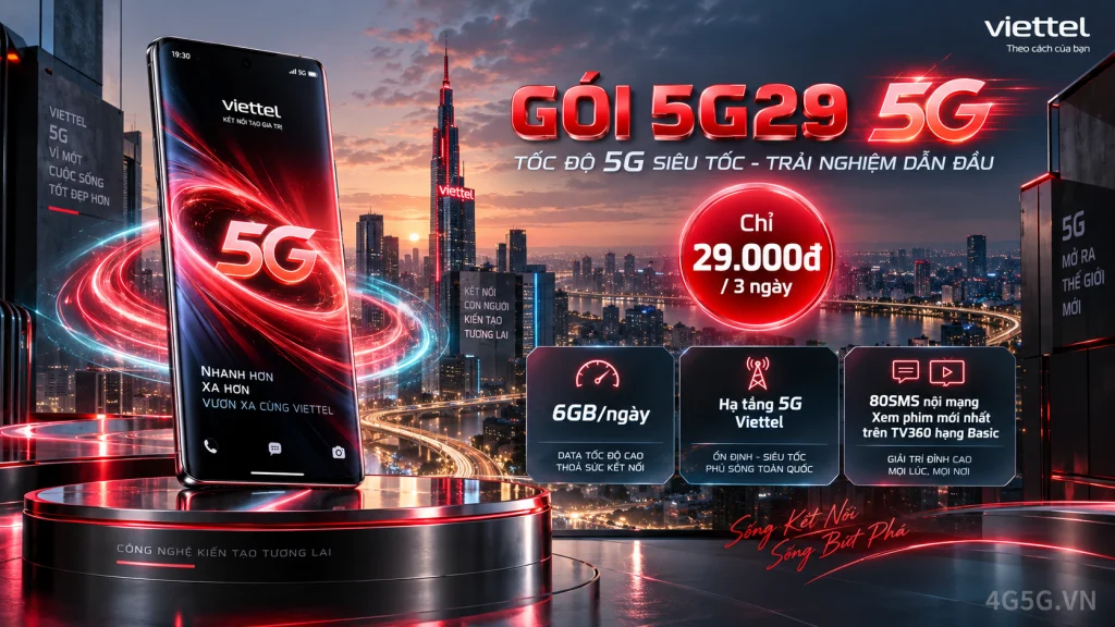Ảnh đại diện gói cước Gói 5G29 Viettel – 6GB/ngày, 80 phút gọi và TV360, giá 29.000đ cho 3 ngày