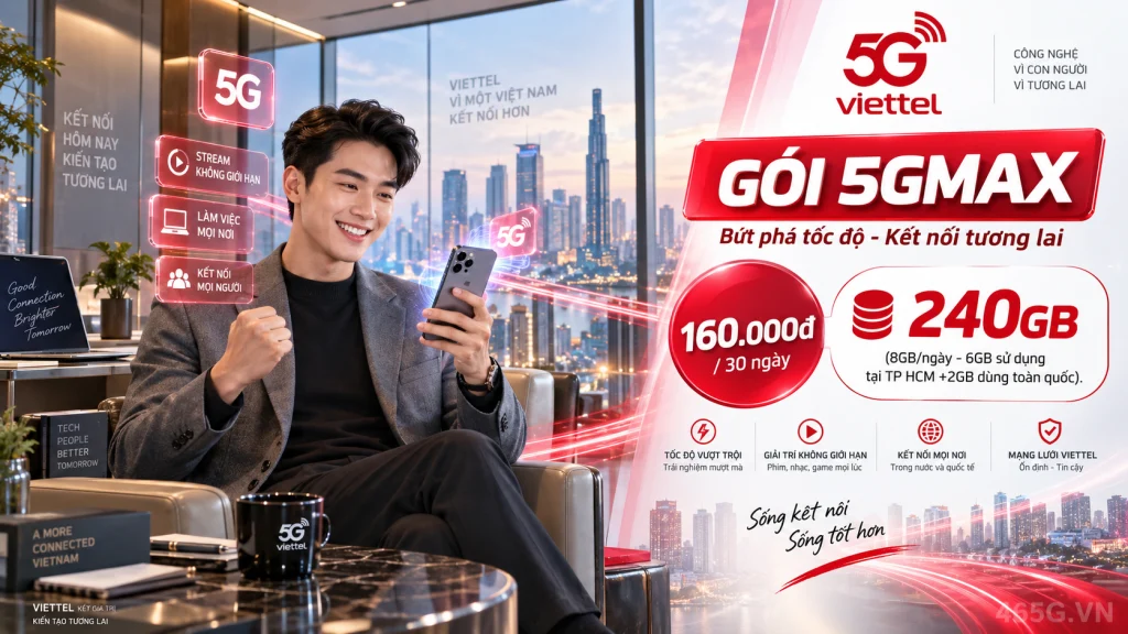 Ảnh đại diện gói cước Gói 5GMAX Viettel – 8GB/ngày + 200 phút ngoại mạng, 160.000đ (TP.HCM)