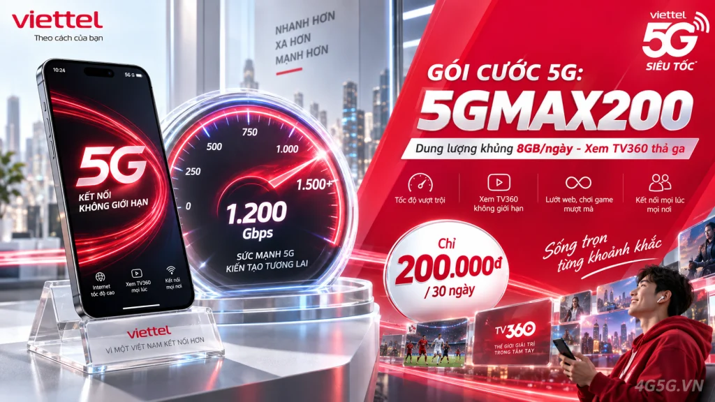 Ảnh đại diện gói cước Gói 5GMAX200 Viettel: 8GB mỗi ngày và TV360 4K, không xét ngày kích hoạt SIM