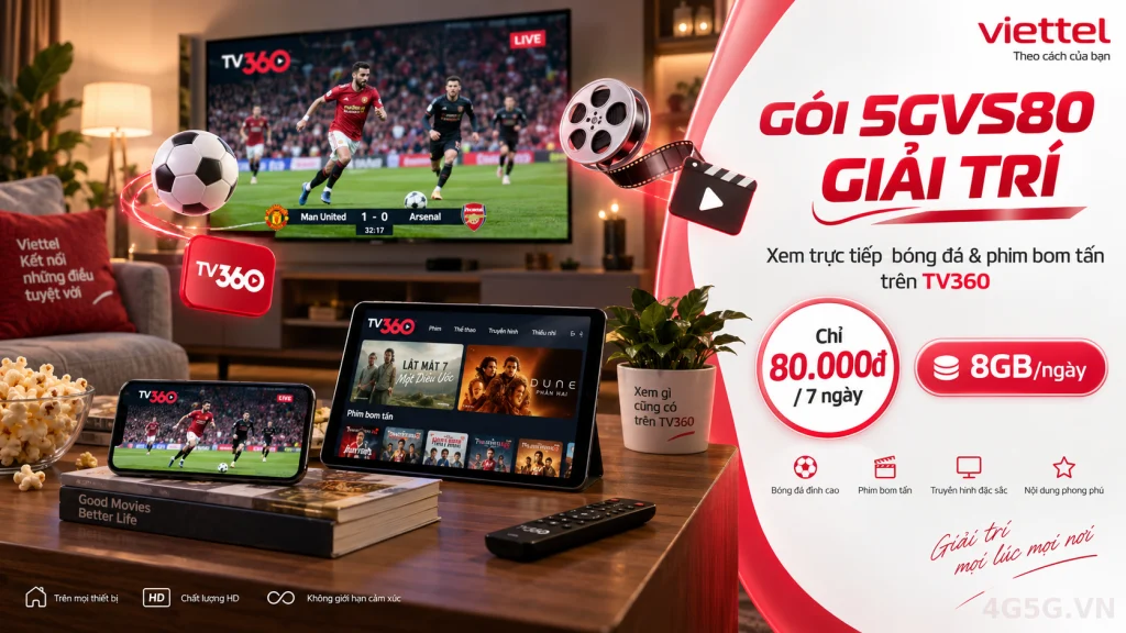 Ảnh đại diện gói cước Gói 5GVS80 Viettel – 80.000đ cho 7 ngày, 8GB/ngày kèm TV360 xem C1