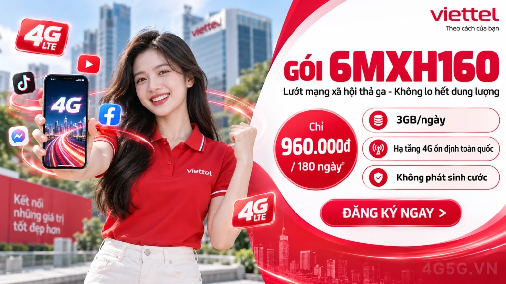 Ảnh đại diện gói cước Gói 6MXH160 Viettel – Free TikTok YouTube Meta trong 180 ngày (540GB) giá 960.000đ