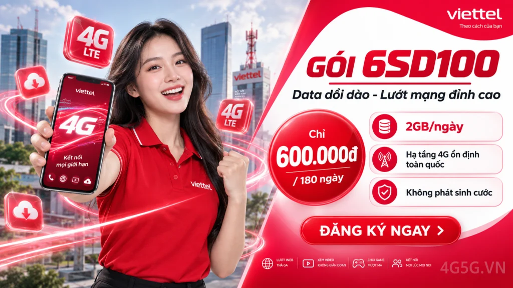 Ảnh đại diện gói cước Gói 6SD100 Viettel – 2GB/ngày trong 180 ngày (360GB) giá 600.000đ
