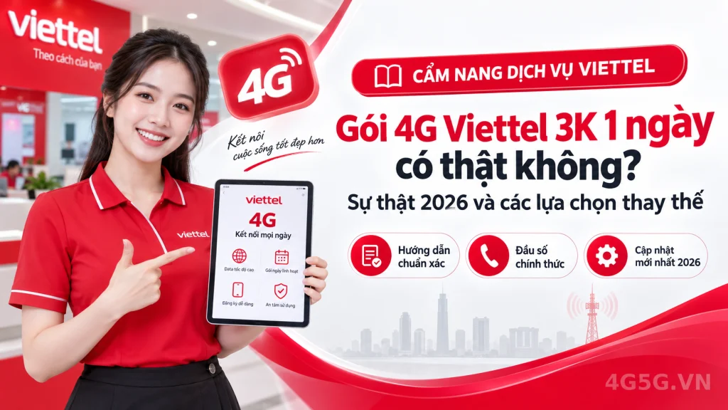 Ảnh đại diện gói cước Gói 4G Viettel 3K 1 Ngày 2026: Gói 1N 5GB, YT5K Chỉ Từ 5K