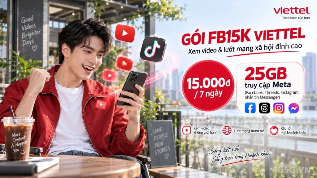 Ảnh đại diện gói cước Gói FB15K Viettel – 15.000đ cho 25GB dùng 4 ứng dụng Meta trong 7 ngày