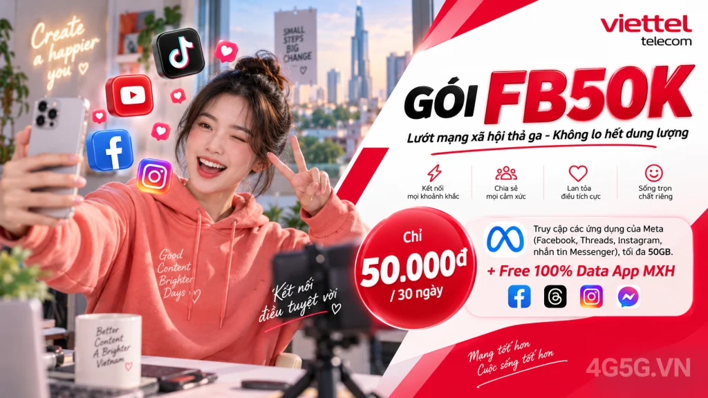 Ảnh đại diện gói cước Gói FB50K Viettel – 50GB truy cập Facebook, Instagram, Messenger giá 50.000đ