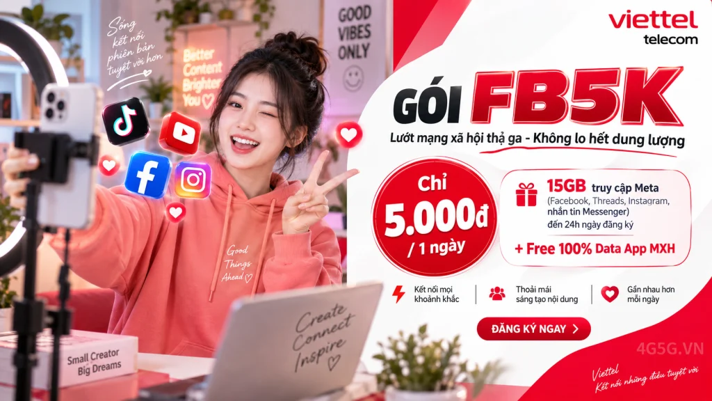 Ảnh đại diện gói cước Gói FB5K Viettel – 5.000đ cho 15GB dùng 4 ứng dụng Meta đến hết ngày