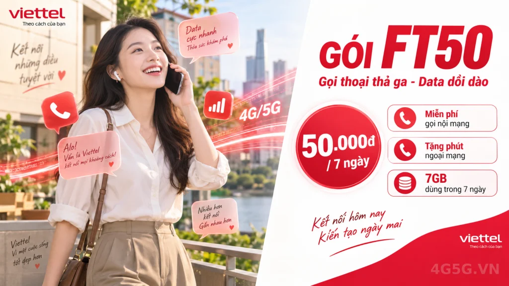 Ảnh đại diện gói cước Gói FT50 Viettel – 7GB và gọi nội mạng dưới 10 phút, 7 ngày giá 50.000đ