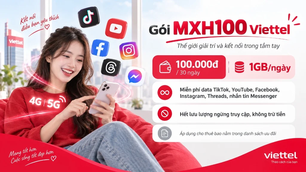 Ảnh đại diện gói cước Gói MXH100 Viettel – 1GB/ngày (30GB) kèm miễn phí TikTok, YouTube, Facebook giá 100.000đ