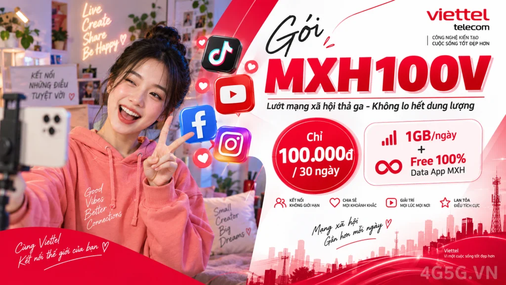Ảnh đại diện gói cước Gói MXH100V Viettel – miễn phí YouTube + 1GB/ngày kèm phút gọi, 100.000đ
