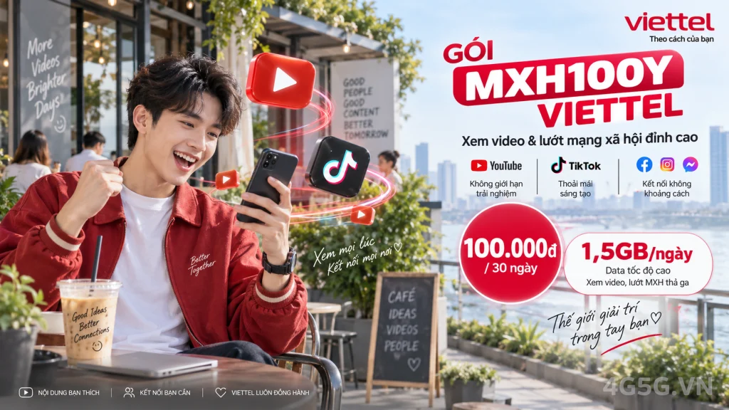 Ảnh đại diện gói cước Gói MXH100Y Viettel – miễn phí YouTube + 1,5GB/ngày, giá 100.000đ