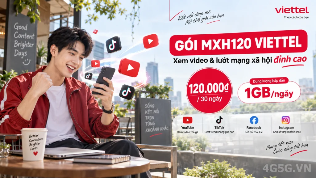 Ảnh đại diện gói cước Gói MXH120 Viettel – 1GB/ngày (30GB) kèm miễn phí mạng xã hội và 30 phút gọi giá 120.000đ