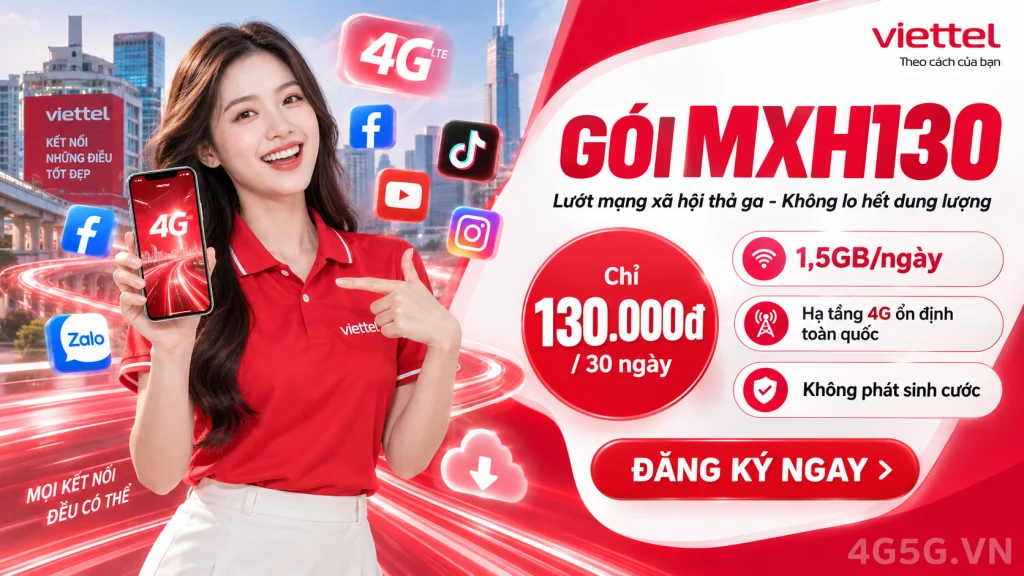 Ảnh đại diện gói cước Gói MXH130 Viettel – 1,5GB/ngày, Free TikTok YouTube kèm 530 phút gọi giá 130.000đ