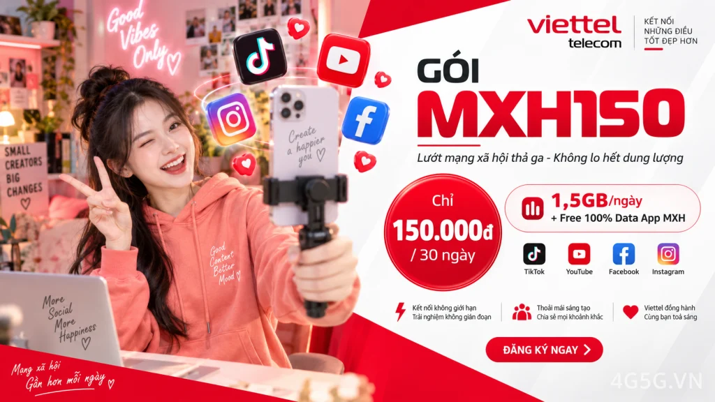 Ảnh đại diện gói cước Gói MXH150 Viettel – free TikTok, YouTube, Facebook + 1,5GB/ngày và TV360, 150.000đ