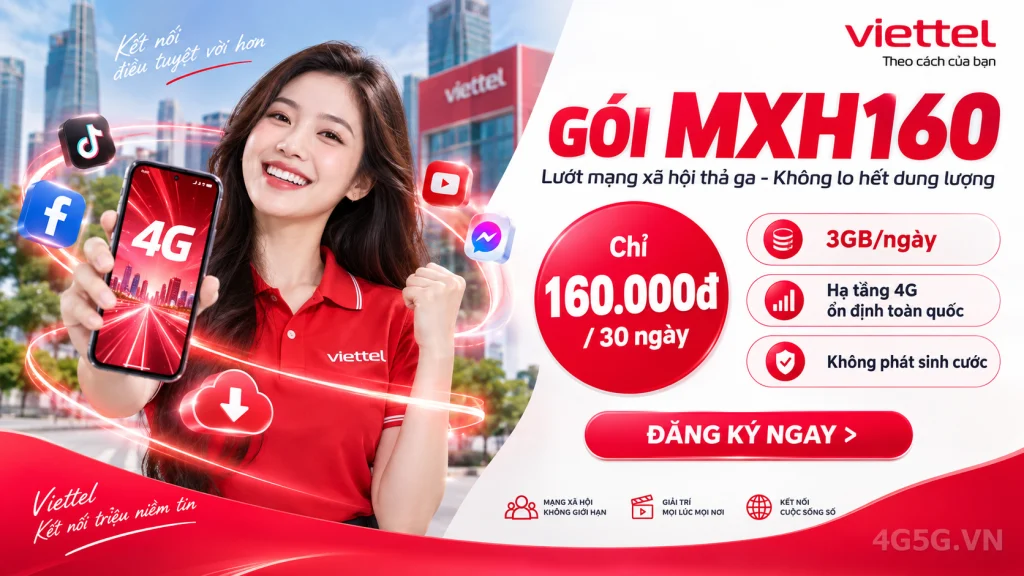Ảnh đại diện gói cước Gói MXH160 Viettel – 3GB/ngày, Free TikTok YouTube kèm 1.100 phút gọi giá 160.000đ