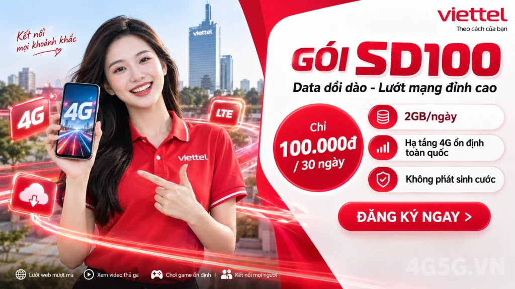 Ảnh đại diện gói cước Gói SD100 Viettel – 2GB/ngày (60GB) giá 100.000đ, áp dụng mọi thuê bao
