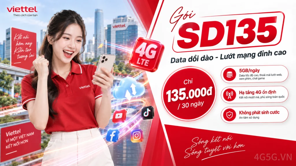 Ảnh đại diện gói cước Gói SD135 Viettel – 5GB/ngày (150GB) giá 135.000đ, áp dụng mọi thuê bao