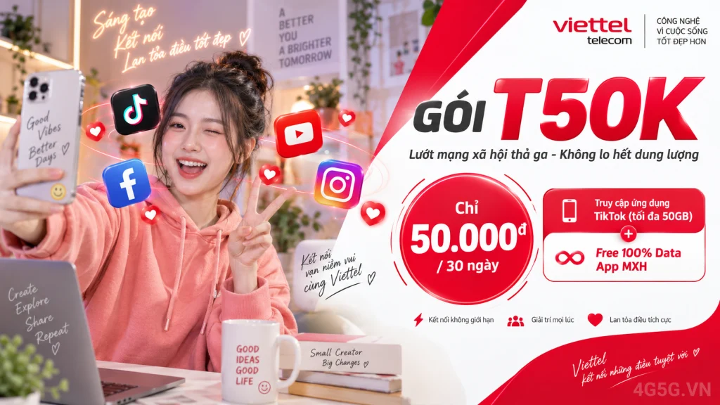 Ảnh đại diện gói cước Gói T50K Viettel – truy cập TikTok tối đa 50GB trong 30 ngày giá 50.000đ