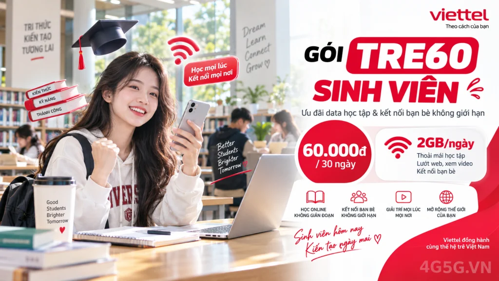 Ảnh đại diện gói cước Gói TRE60 Viettel – 2GB/ngày (60GB) và 50GB TikTok, giá 60.000đ cho SIM sinh viên