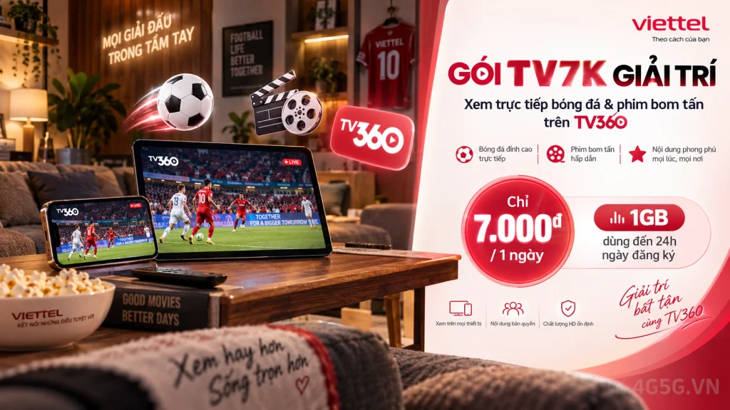 Ảnh đại diện gói cước Gói TV7K Viettel – 7.000đ cho 1GB dùng trong ngày, kèm TV360